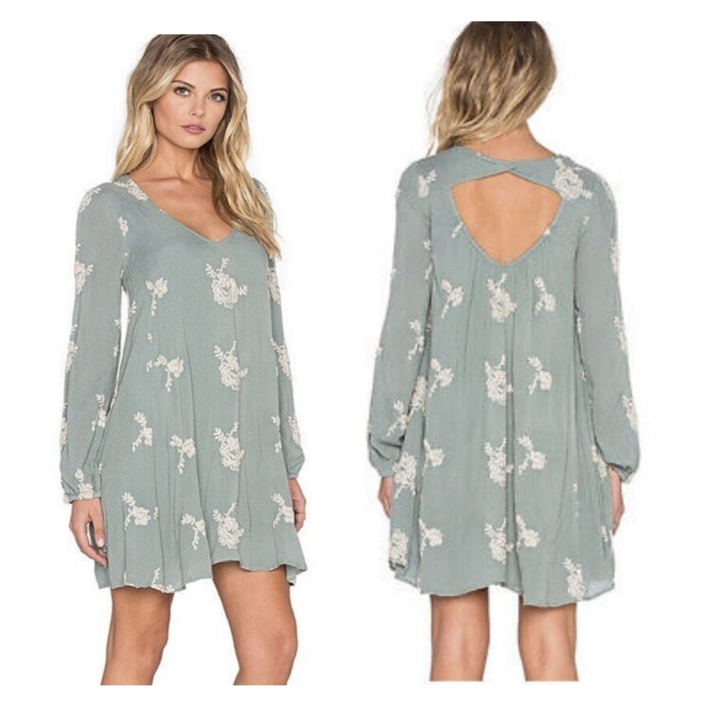 Free People Small Emma's Embroidered Mini Dress Misty Green Back Cut-out Pocket